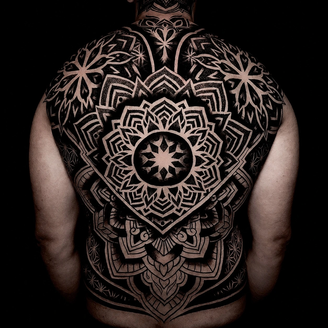 Mandala tattoo with symmetrical linework and controlled negative space at Bloodline Tattoo Phuket