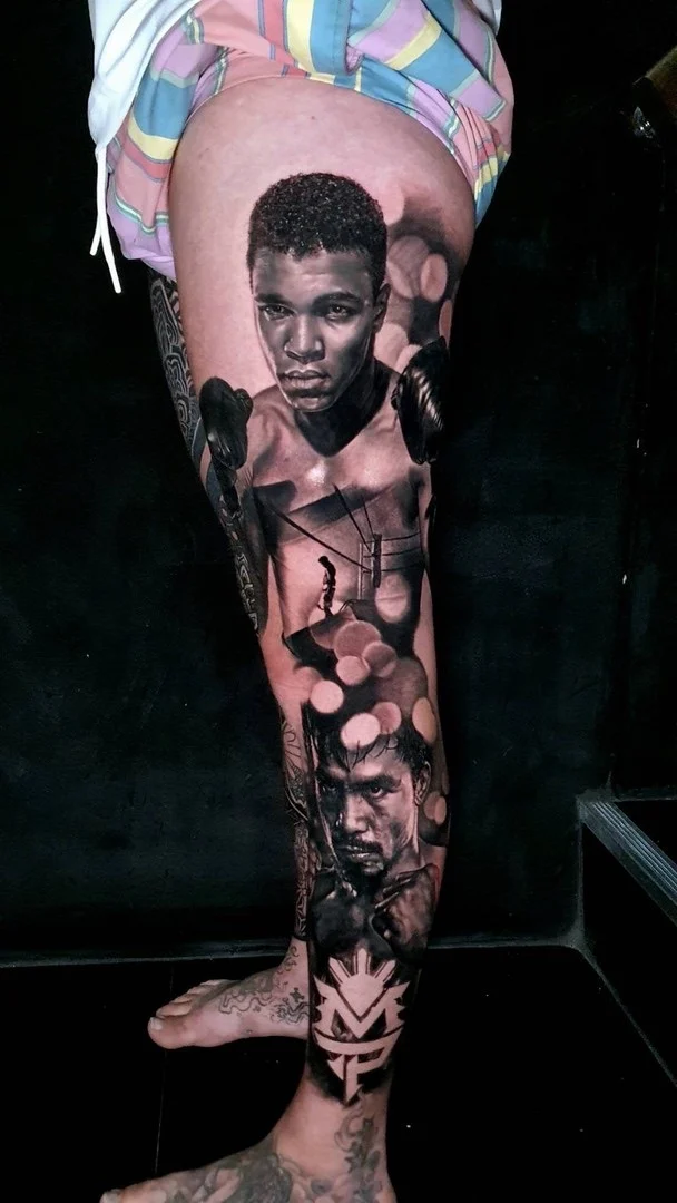 Black and grey portrait realism full leg sleeve with Muhammad Ali and Manny Pacquiao boxing portraits at Bloodline Tattoo Phuket.